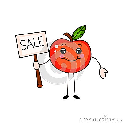 Cartoon apple with inscription sale on tablet. Vector Illustration